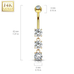 BodyJ4You 14K Real Gold Belly Button Ring 14G Fancy Dangle 3 Round Gems CZ Navel Ring