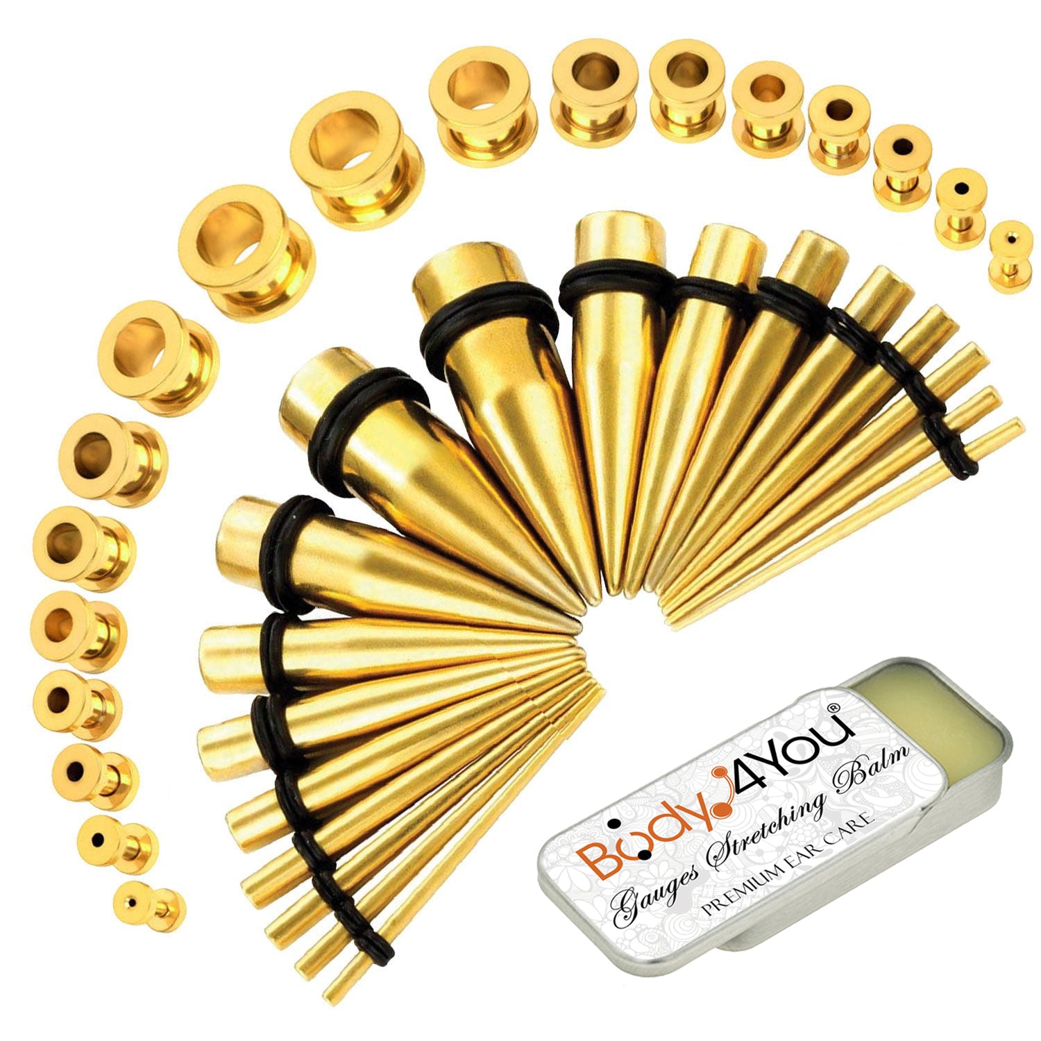 37PC Gauges Kit Ear Stretching Aftercare Balm - Screw Fit Tunnel Plugs Expander Tapers - 14G-00G Surgical Steel - Natural Recovery Solution Set