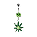 Belly Button Rings Pot Leaf Dangle Navel Ring with Green Gem Stones 14G - BodyJ4you