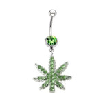Belly Button Rings Pot Leaf Dangle Navel Ring with Green Gem Stones 14G - BodyJ4you