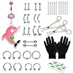 36PC PRO Piercing Kit Stainless Steel 14G 16G Belly Ring Tongue Nipple Nose Jewelry