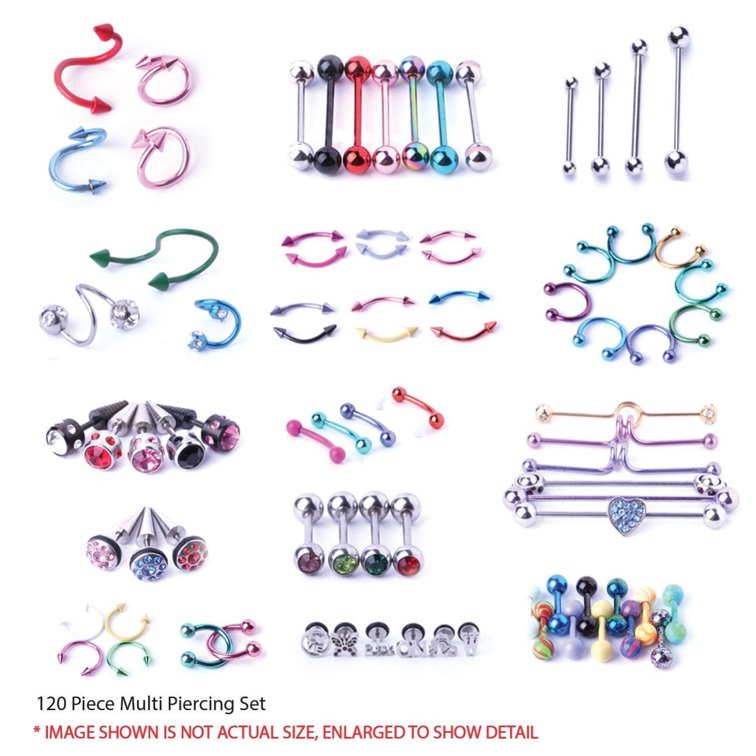 BodyJ4You 120 PCS Body Piercing Lot Belly Ring Labret Tongue Eyebrow Tragus Barbells 14G 16G RANDOM Mix Jewelry - BodyJ4you