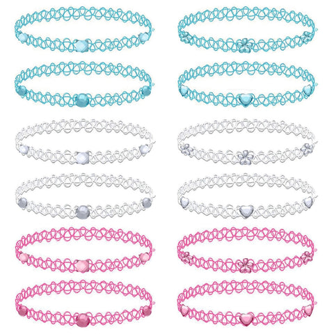 BodyJ4You 12PC Choker Necklace Set Aqua White Pink Stretch Elastic Jewelry Women Girl Kids Gift Pack - BodyJ4you