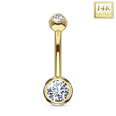 BodyJ4You 14K Real Gold Belly Button Ring 14G Double Gem Solitaire CZ Navel Ring - BodyJ4you