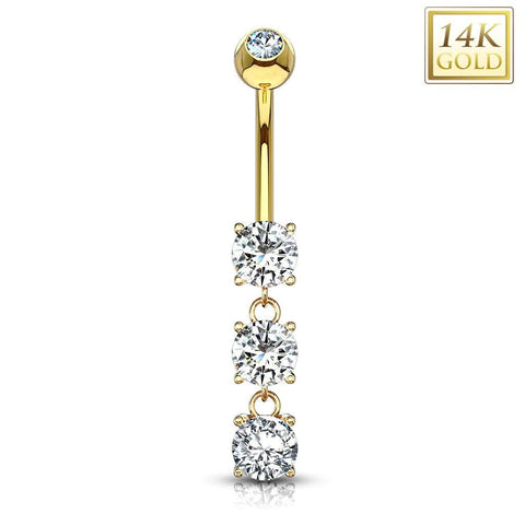 BodyJ4You 14K Real Gold Belly Button Ring 14G Fancy Dangle 3 Round Gems CZ Navel Ring - BodyJ4you