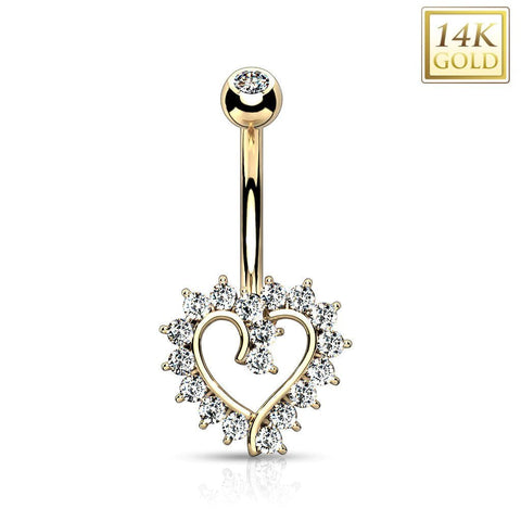 BodyJ4You 14K Real Gold Belly Button Ring 14G Paved Hollow Heart Gem CZ Navel Ring - BodyJ4you