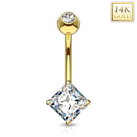 BodyJ4You 14K Real Gold Belly Button Ring 14G Square Princess Cut CZ Navel Ring - BodyJ4you