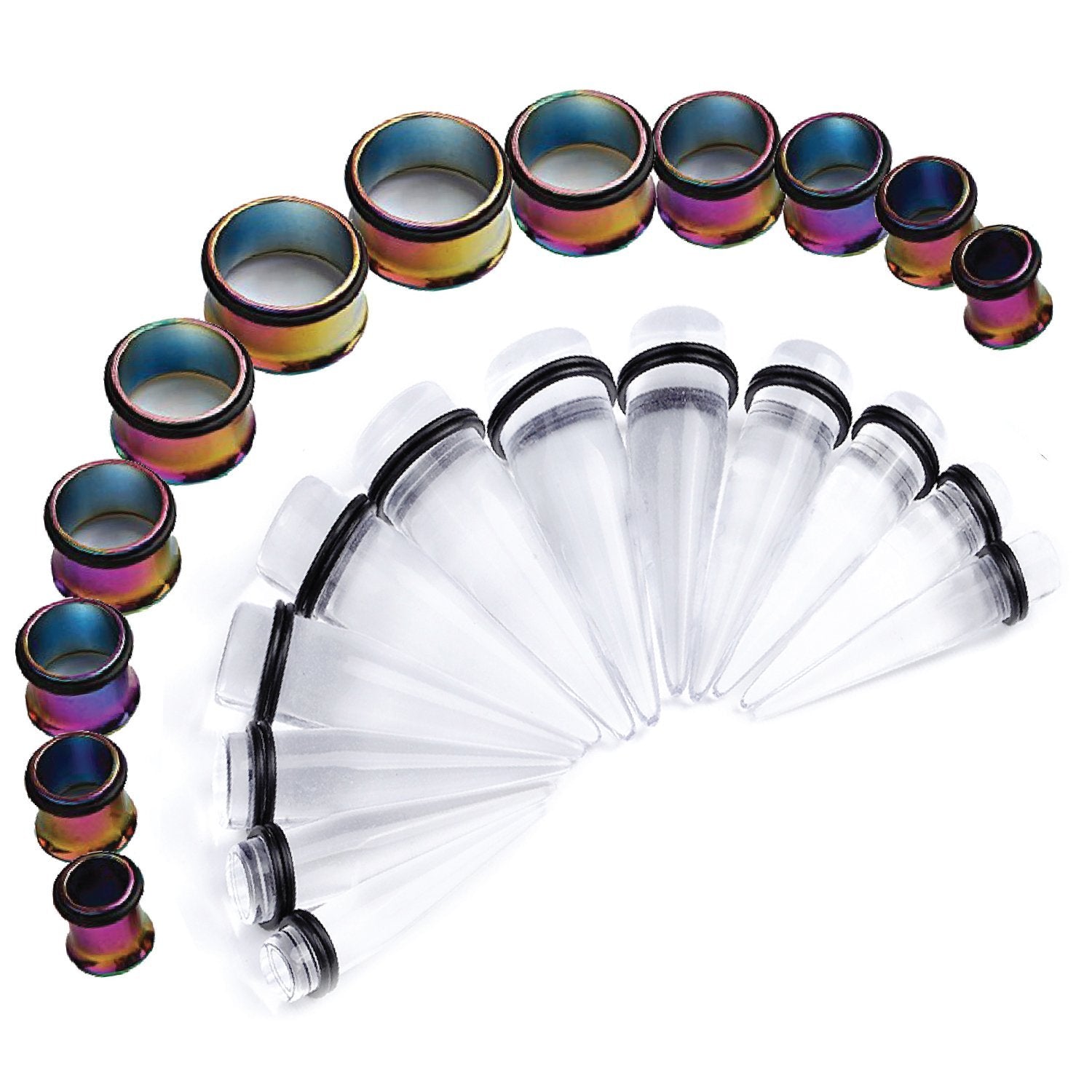 BodyJ4You 24PC Big Gauges Kit Stretching 00G-20mm Multicolor Acrylic Tapers Steel Plugs Tunnels Set - BodyJ4you