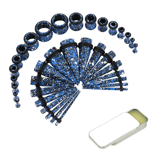 BodyJ4You 37PC Gauges Kit Ear Stretching Aftercare Balm | Single Flare Tunnel Plugs Tapers | 14G-00G White Blue Black Splatter Steel | Natural Recovery Solution Set - BodyJ4you
