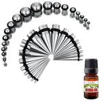BodyJ4You 37PC Gauges Kit Ear Stretching Aftercare Jojoba Oil Wax | Single Flare Solid Flat Top Plugs Expander Tapers | 14G-00G Surgical Steel | Natural Recovery Solution Set - BodyJ4you