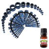 BodyJ4You 37PC Gauges Kit Ear Stretching Aftercare Jojoba Oil Wax | Single Flare Tunnel Plugs Tapers | 14G-00G White Blue Black Splatter Steel | Natural Recovery Solution Set - BodyJ4you