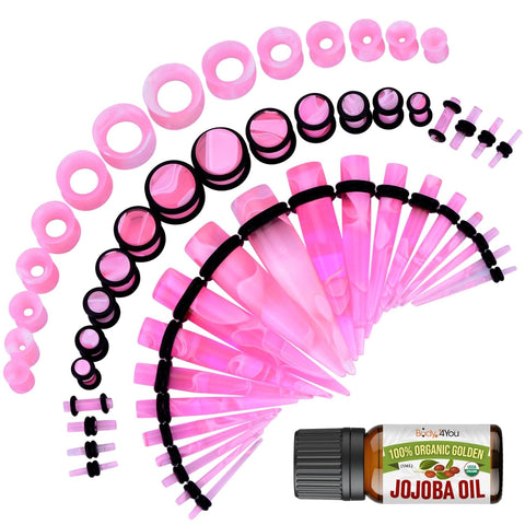 BodyJ4You 48PC Ear Stretching Kit 14G-00G - Aftercare Jojoba Oil - Marble Pink Acrylic Plugs Gauge Tapers Silicone Tunnels - Lightweight Expanders Men Women - BodyJ4you