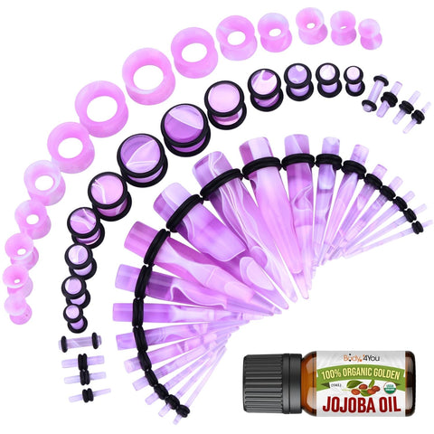 BodyJ4You 48PC Ear Stretching Kit 14G-00G - Aftercare Jojoba Oil -Marble Purple Acrylic Plugs Gauge Tapers Silicone Tunnels - Lightweight Expanders Men Women - BodyJ4you