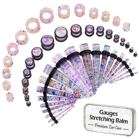 BodyJ4You 50PC Gauges Kit Ear Stretch Aftercare Balm 14G-12MM Multicolor Glitter Tunnel Plug Taper - BodyJ4you