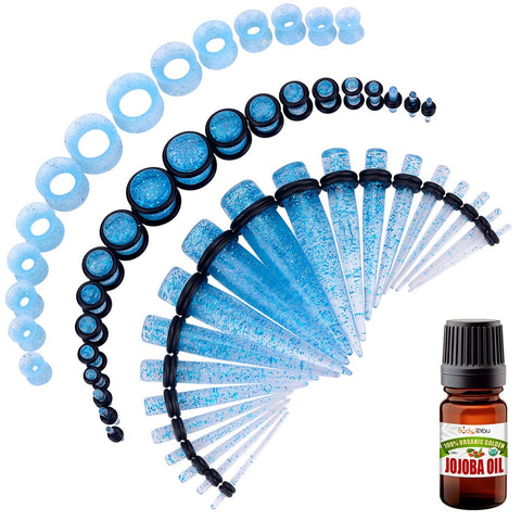 BodyJ4You 50PC Gauges Kit Ear Stretching Aftercare Jojoba Oil Wax | Flexible Tunnel Plugs Expander Tapers | 14G-12mm | Aqua Glitter Silicone Acrylic Plastic | Natural Recovery Solution - BodyJ4you