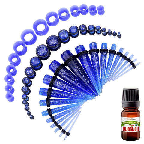 BodyJ4You 50PC Gauges Kit Ear Stretching Aftercare Jojoba Oil Wax | Flexible Tunnel Plugs Expander Tapers | 14G-12mm | Dark Blue Glitter Silicone Acrylic Plastic | Natural Recovery Solution - BodyJ4you