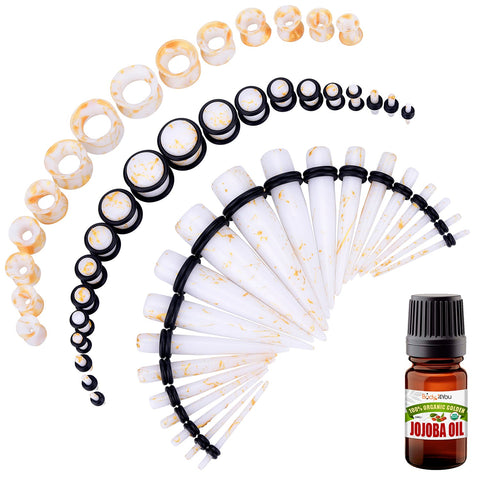 BodyJ4You 50PC Gauges Kit Ear Stretching Aftercare Jojoba Oil Wax | Flexible Tunnel Plugs Expander Tapers | 14G-12mm | White Goldtone Marble Silicone Acrylic Plastic | Natural Recovery Solution - BodyJ4you