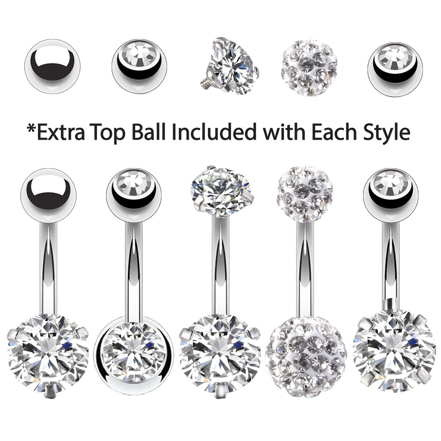 BodyJ4You 5PC Belly Button Rings 14G Stainless Steel CZ Girl Women Navel 5 Replacement Balls Pack - BodyJ4you