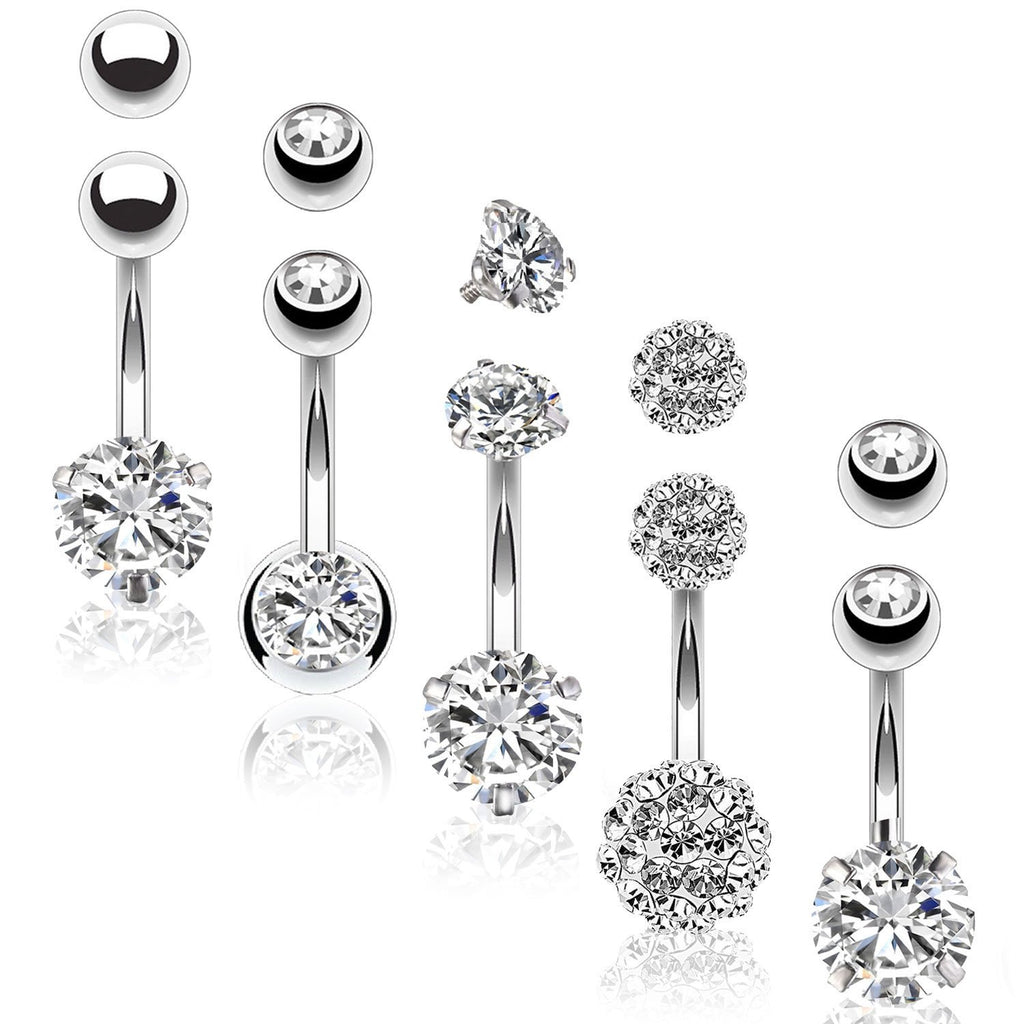 5PC Belly Button Rings 14G Stainless Steel CZ Girl Women Navel 5