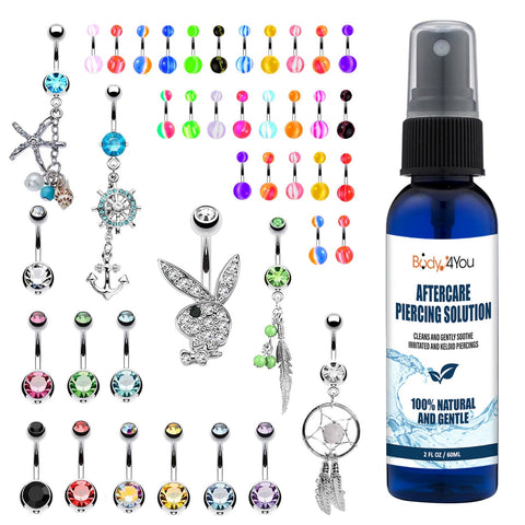 BodyJ4You 65 Belly Button Rings Barbells Aftercare Saline Cleanser Spray 14G Acrylic Steel Playboy Bunny Dangle Navel Women Girl Teen Body Bar Jewelry Gift Set - BodyJ4you