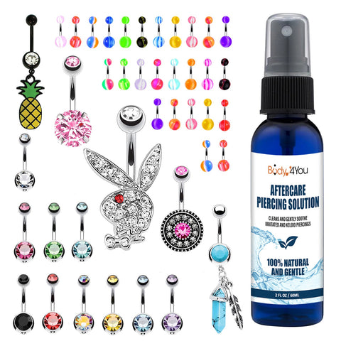 BodyJ4You 65 Belly Button Rings Barbells Aftercare Saline Cleanser Spray 14G Acrylic Steel Playboy Bunny Pineapple Navel Women Girl Teen Body Bar Jewelry Gift Set - BodyJ4you