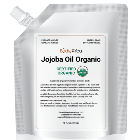 BodyJ4You Jojoba Oil - Organic USDA 100% Pure Natural - Moisturizing Oil Face, Hair, Skin Nails - Cold Pressed, Unrefined, Anti-Aging - Men Women All Skin Types - Resealable Pouch 15 Fl Oz - BodyJ4you