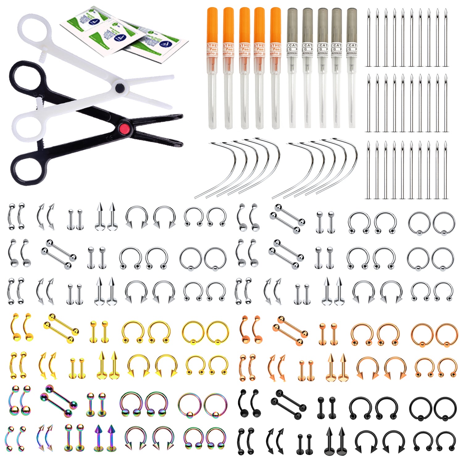 Muross 84PCS Piercing Jewelry Kit Pro Piercing Kit Belly Ring Tongue Tragus  Nose Eyebrow Piercing Tools Piercing Needles Clamps 