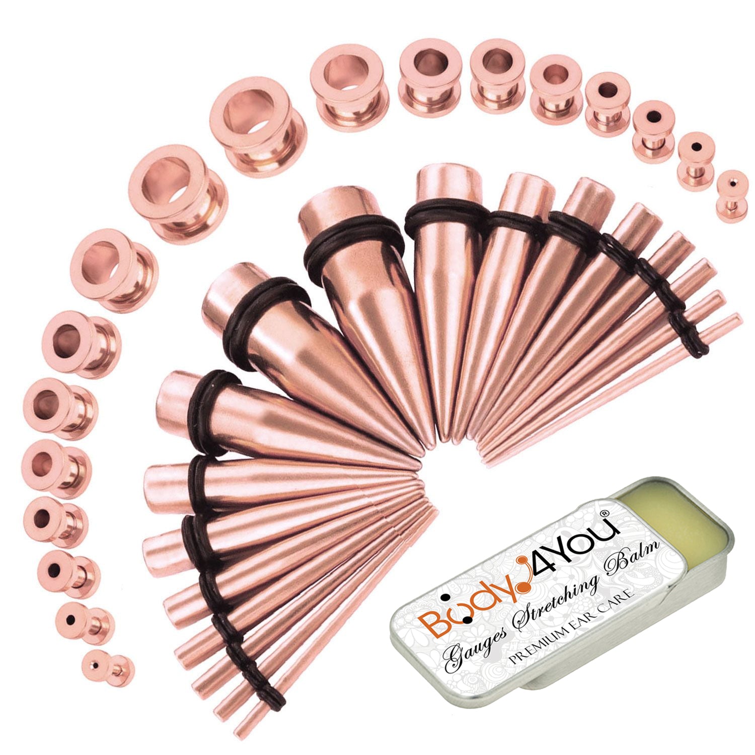 37PC Gauges Kit Ear Stretching Aftercare Balm - Screw Fit Tunnel Plugs Expander Tapers - 14G-00G Surgical Steel - Natural Recovery Solution Set