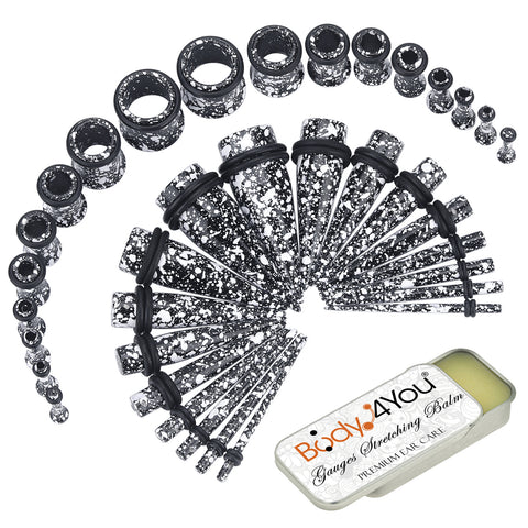 BodyJ4You 37PC Gauges Kit Ear Stretching Aftercare Balm | Single Flare Tunnel Plugs Tapers | 14G-00G Black White Splatter Steel | Natural Recovery Solution Set