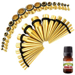 37PC Gauges Kit Ear Stretching Aftercare Jojoba Oil Wax - Single Flare Tunnel Plugs Tapers - 14G-00G Surgical Steel - Natural Recovery Solution Set