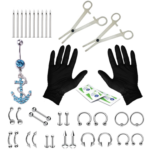 36PC PRO Piercing Kit Stainless Steel 14G 16G Belly Ring Tongue Nipple Nose Jewelry