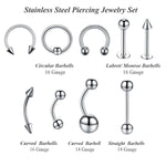 36PC Piercing Kit Stainless Steel 14G 16G Belly Ring Tongue Tragus Eyebrow Nipple Lip Nose