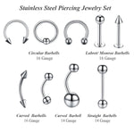 36PC Piercing Kit Stainless Steel 14G 16G Belly Ring Tongue Tragus Eyebrow Nipple Lip Nose