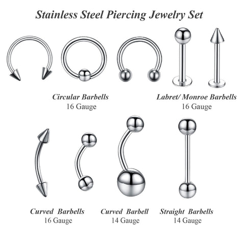 36PC Piercing Kit Stainless Steel 14G 16G Belly Ring Tongue Tragus Eye ...