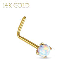 Nose Ring 14Kt. Gold L-Shape Prong Set Opal 20G Body Piercing Jewelry - BodyJ4you