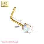 Nose Ring 14Kt. Gold L-Shape Prong Set Opal 20G Body Piercing Jewelry - BodyJ4you
