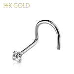 Nose Rings 18G Screw Stud 14Kt. Solid White Gold Prong Clear Round Cubic Zirconia Gem Crystal - BodyJ4you