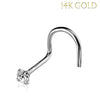 Nose Rings 18G Screw Stud 14Kt. Solid White Gold Prong Clear Round Cubic Zirconia Gem Crystal - BodyJ4you