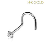 Nose Rings 18G Screw Stud 14Kt. Solid White Gold Prong Clear Round Cubic Zirconia Gem Crystal - BodyJ4you