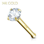 Nose Rings 20G Push Pin Stud 14Kt. Solid Gold Prong Clear Round Cubic Zirconia Gem Crystal - BodyJ4you