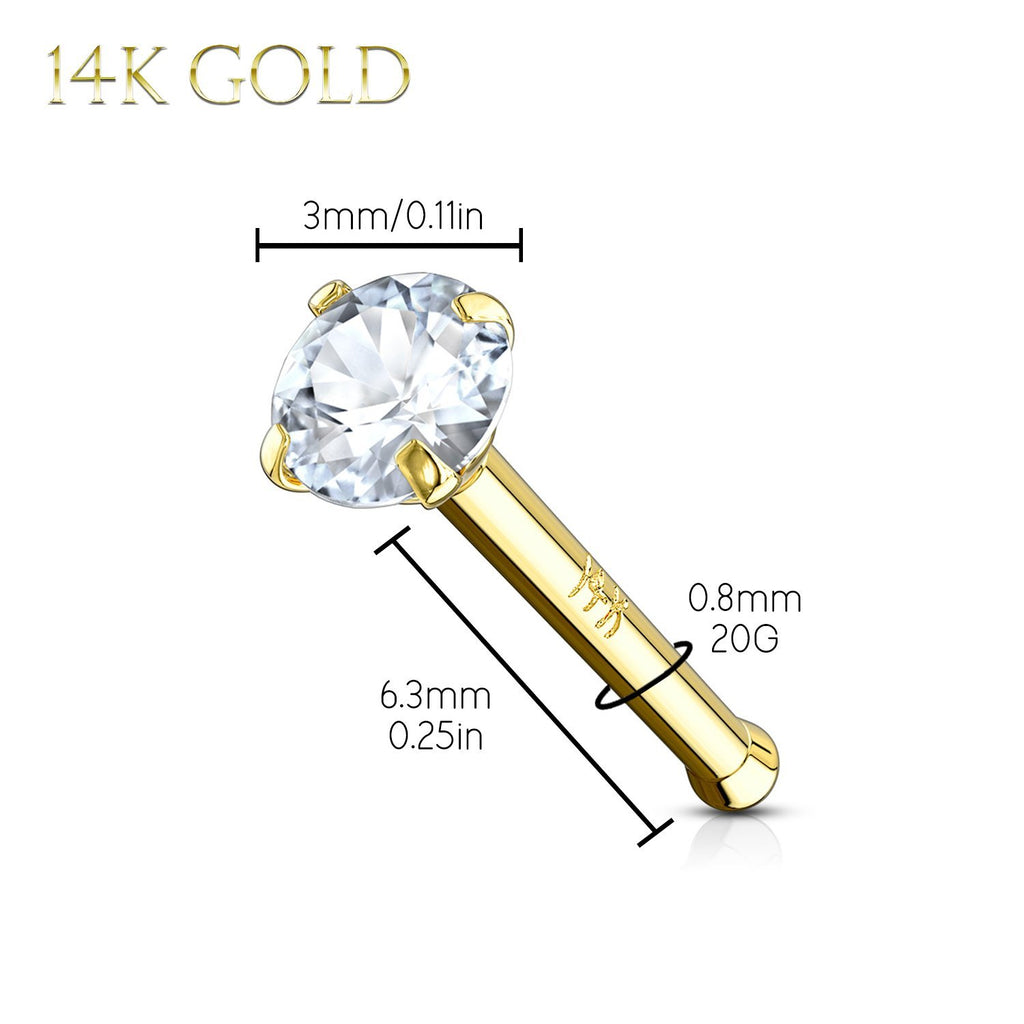 Nose Rings 20G Push Pin Stud 14Kt. Solid Gold Prong Clear Round Cubic –  BodyJ4you