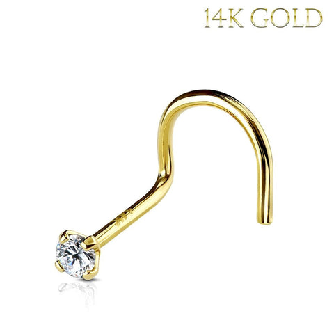 Nose Rings 20G Screw Stud 14Kt. Solid Gold Bezel Clear Square Cubic Zirconia Gem Crystal - BodyJ4you