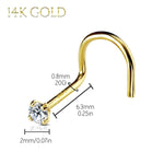 Nose Rings 20G Screw Stud 14Kt. Solid Gold Prong Clear Round Cubic Zirconia Gem Crystal - BodyJ4you