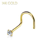 Nose Rings 20G Screw Stud 14Kt. Solid Gold Prong Clear Round Cubic Zirconia Gem Crystal - BodyJ4you