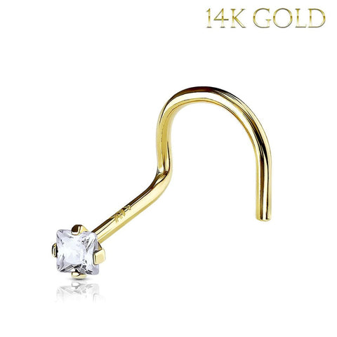 Nose Rings 20G Screw Stud 14Kt. Solid Gold Prong Clear Square Cubic Zirconia Gem Crystal - BodyJ4you