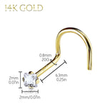 Nose Rings 20G Screw Stud 14Kt. Solid Gold Prong Clear Square Cubic Zirconia Gem Crystal - BodyJ4you