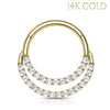 Piercing Ring 16G Hinged Clicker Hoop 14Kt. Gold Double Line Cubic Zirconia Nose Septum Ear - BodyJ4you