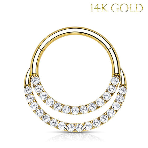 Piercing Ring 16G Hinged Clicker Hoop 14Kt. Gold Double Line Cubic Zirconia Nose Septum Ear - BodyJ4you