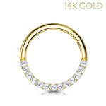 Piercing Ring 16G Hinged Clicker Hoop 14Kt. Gold Paved Cubic Zirconia Nose Septum Daith Ear - BodyJ4you