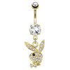 Playboy Belly Button Ring Bunny CZ Goldtone Steel 14G Dangle Navel Banana Bar Women Girl Body Piercing - BodyJ4you